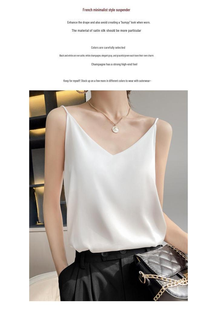 25 Summer Silk Slim-fit V-neck Camisole, Single Strap, Sleeveless, Solid Color, Versatile Imitation Silk Vest