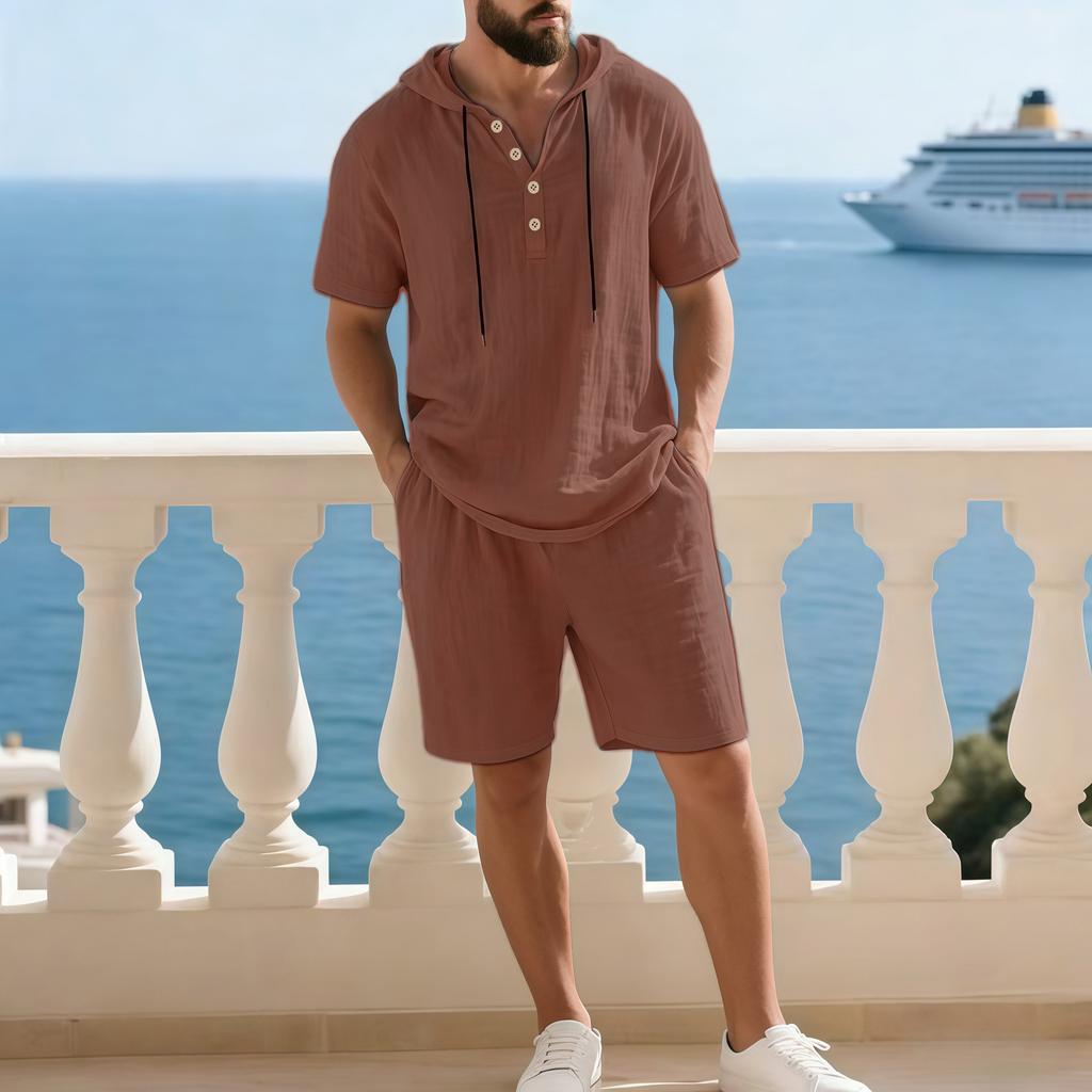 Set Casual Due Pezzi da Uomo a Manica Corta con Cappuccio e Pantaloncini a Colore Solido