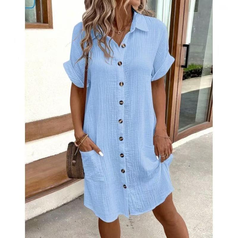Women's Summer Cotton Shirt Dress Short Sleeves Button Down Knee Length Dresses Casual Loose Mini Dress with Pockets