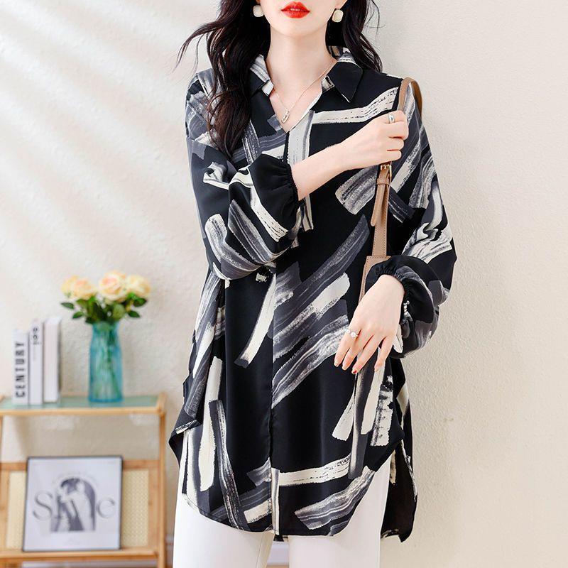 Printed Mid Length Spring and Autumn Long Sleeved Shirt for Outerwear Undershirt Top Women's Shirt
