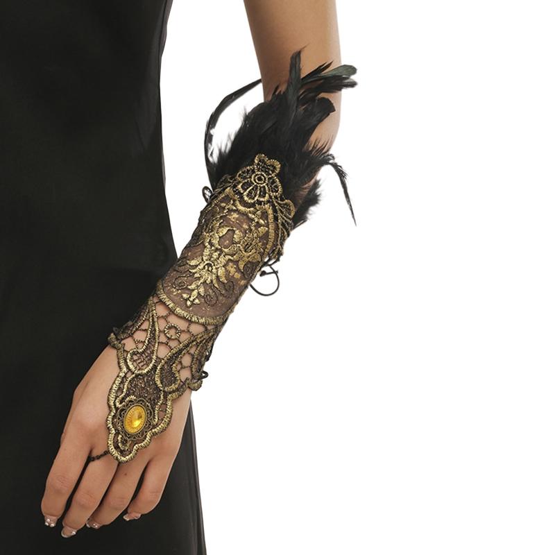 

Golden Adult Feather Embroidery Lace Gloves Goth Style Adjustable with Ring Long Bracelet Wedding Bridal Accessories 1