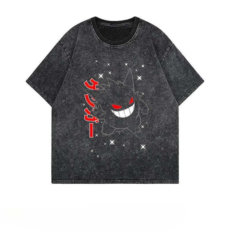 Summer Gengar Pokemon Anime Men's T Shirt Print Vintage Washed Short-sleeved Tee Women's Oversized Gym Y2k Clothes