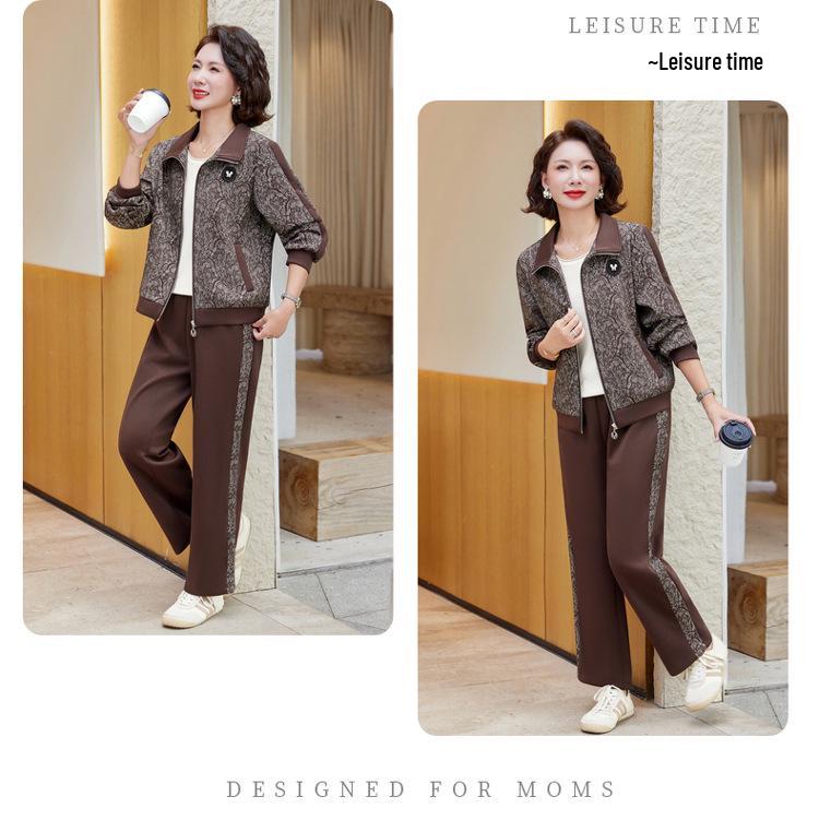 Women's 2026 Spring Casual Two-Piece Suit: Middle-Aged & Elderly Zipper Jacket & Sports Top