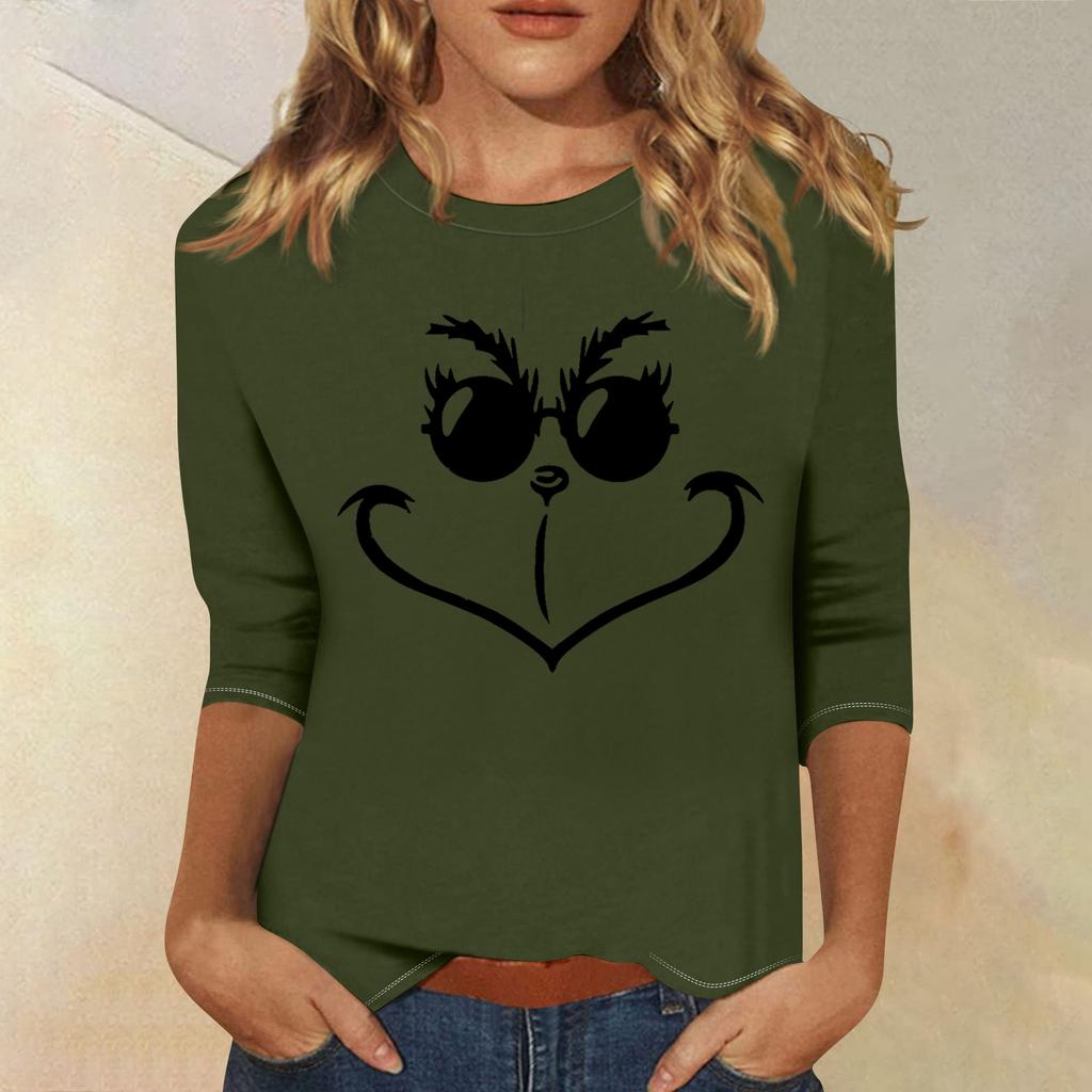 3/4 Sleeve Tops For Women T-Shirt Casual Christmas Print Tops T Shirt Round Neck Pullover Blouse