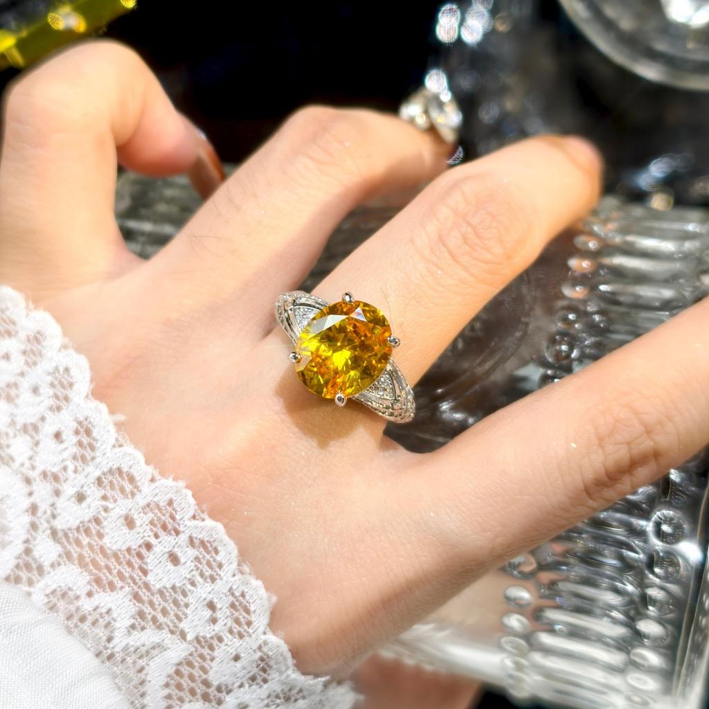 2026 Pigeon Egg Celebrity Style Vintage Engraved Golden Zircon Sea Blue Open Ring Female, Banquet Birthday Gift