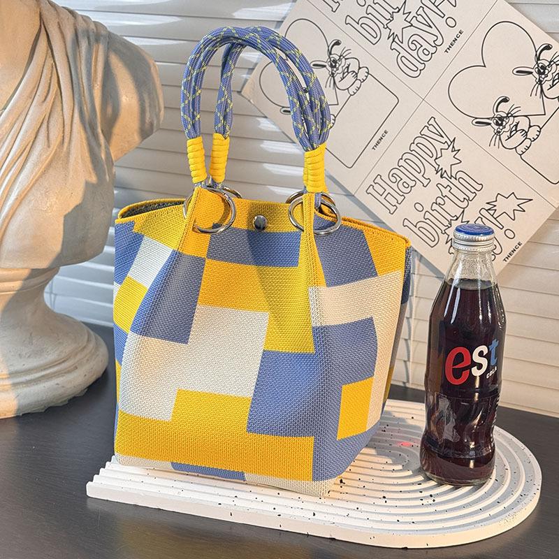Borsa a Secchiello alla Moda da Donna con Anello Metallico Borsa a Shopper in Maglia Ampia Borsa a Mano Color Block per Tempo Libero Viaggi Pendolarismo Quotidiano