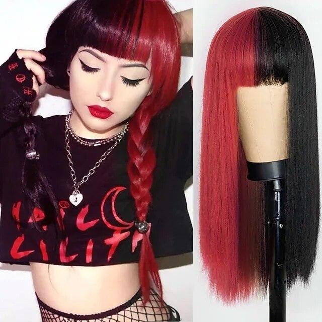 Similler Women Synthetic Hair Long Straight Heat Resistant Wig Pink and Black Red White Split Dye Wigs with Bangs