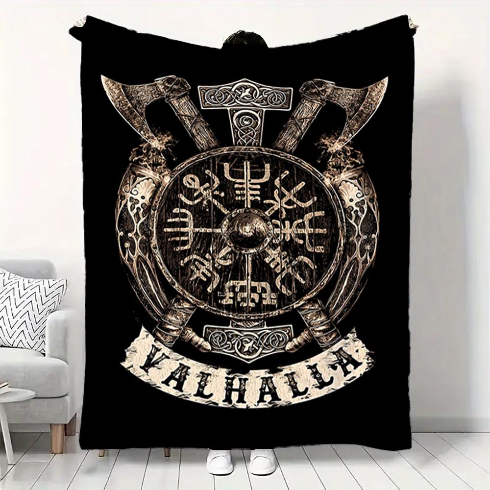 1pc Flanged Blanket, Viking Logo Printing Blanket, suitable for sofas, beds, offices, travel, camping chairs, warm plush blanket