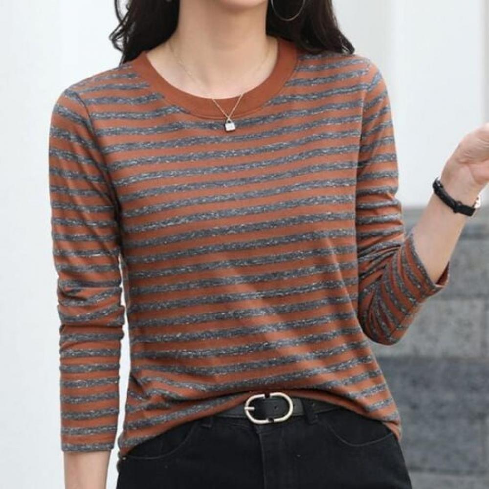 Navava Women S STriped PoinT Round Neck Long Sleeve T ShirT nT2994