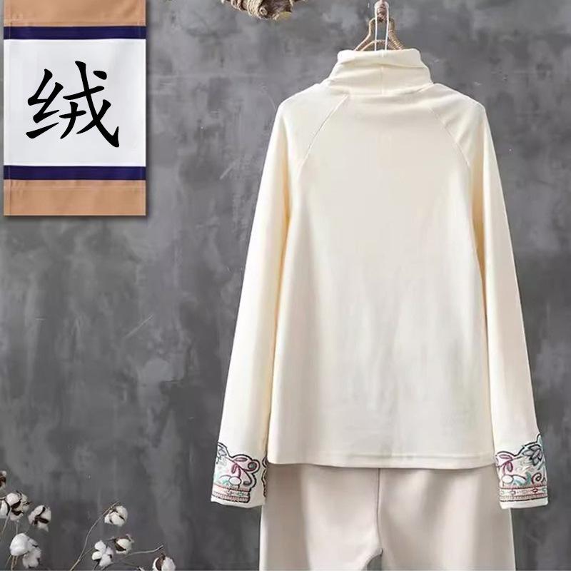 Bottom shirt new women's autumn and winter embroidered German velvet warm long-sleeved semi-turtleneck T-shirt