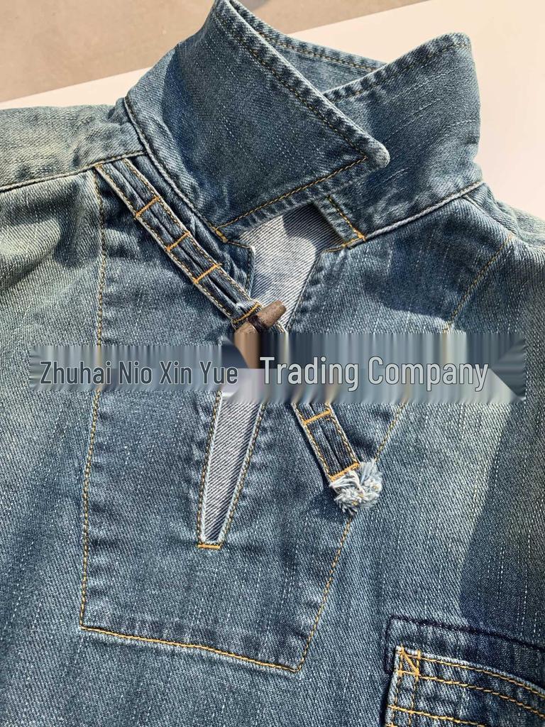 Early Spring Diagonal Buckle Lapel Denim Top