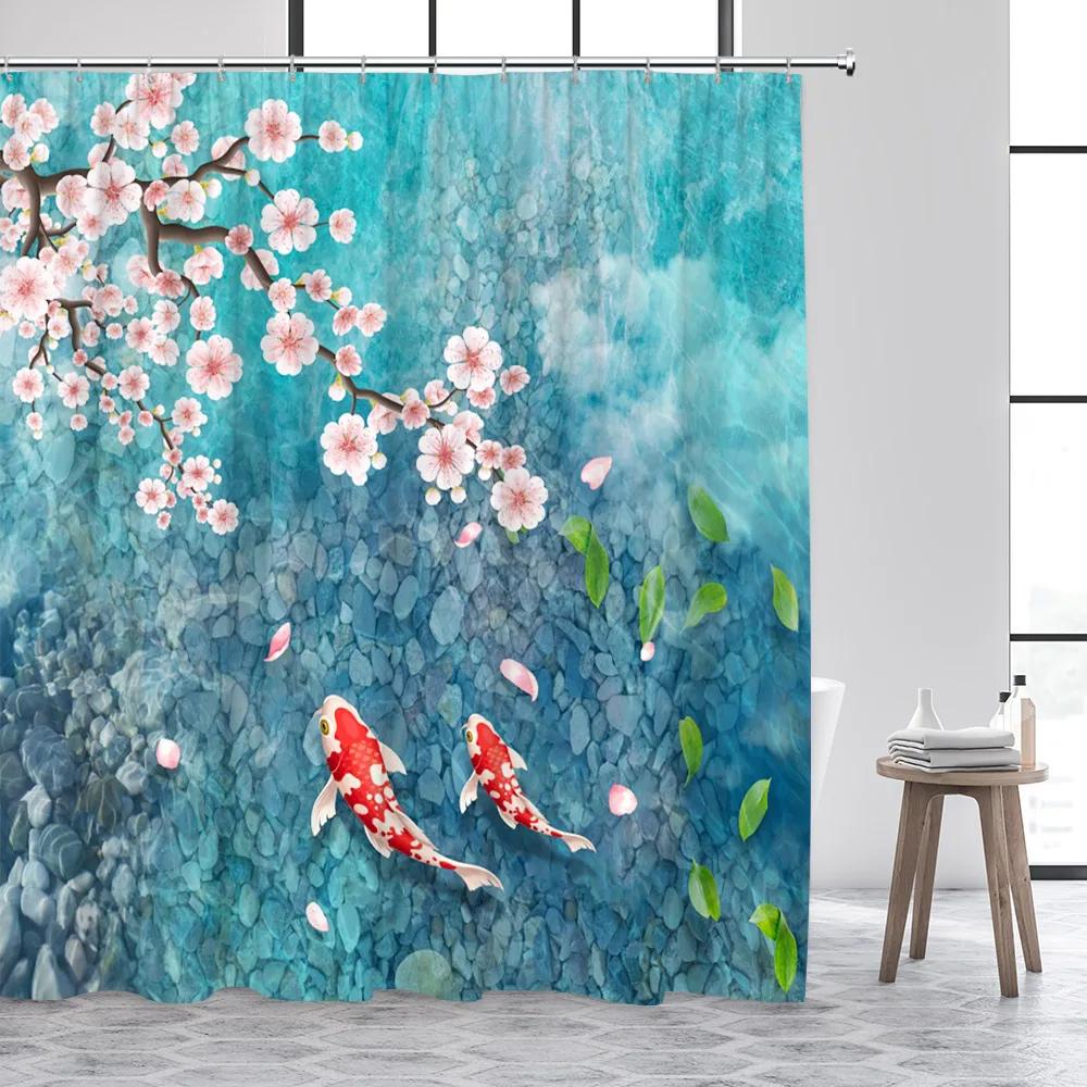 Japanese Style Koi Fish Shower Curtain White Lotus Green Leaves Lake Carp Floral Art Bathroom Decoration Polyester Bath Curtains