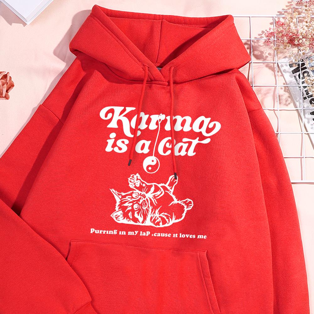 Karma Is A Cat White Sketch Printed Hoodie Female Basics Simple Sweatshirts Leisure Loose Sportwear Street Oversized Clothing
