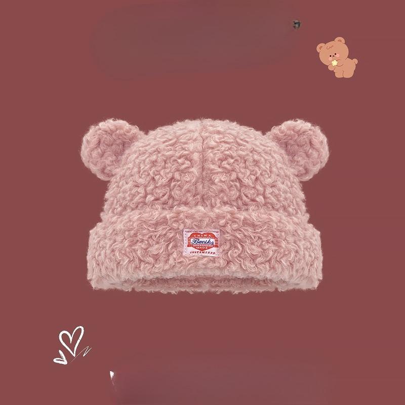 Korean Version of Cute Lamb Wool Bear Ear Label Pullover Hat for Women in Autumn and Winter Thickened Fashion Trend Versatile Basin Hat