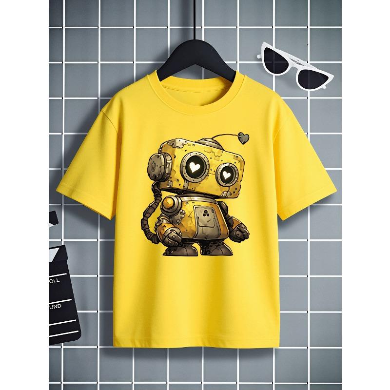 European Sizes Boys' T-shirt Cute Robot with Heart Eyes And Antenna, Ideal for Outdoor Activities, Soft Knitted Top, Comfortable And Breathable