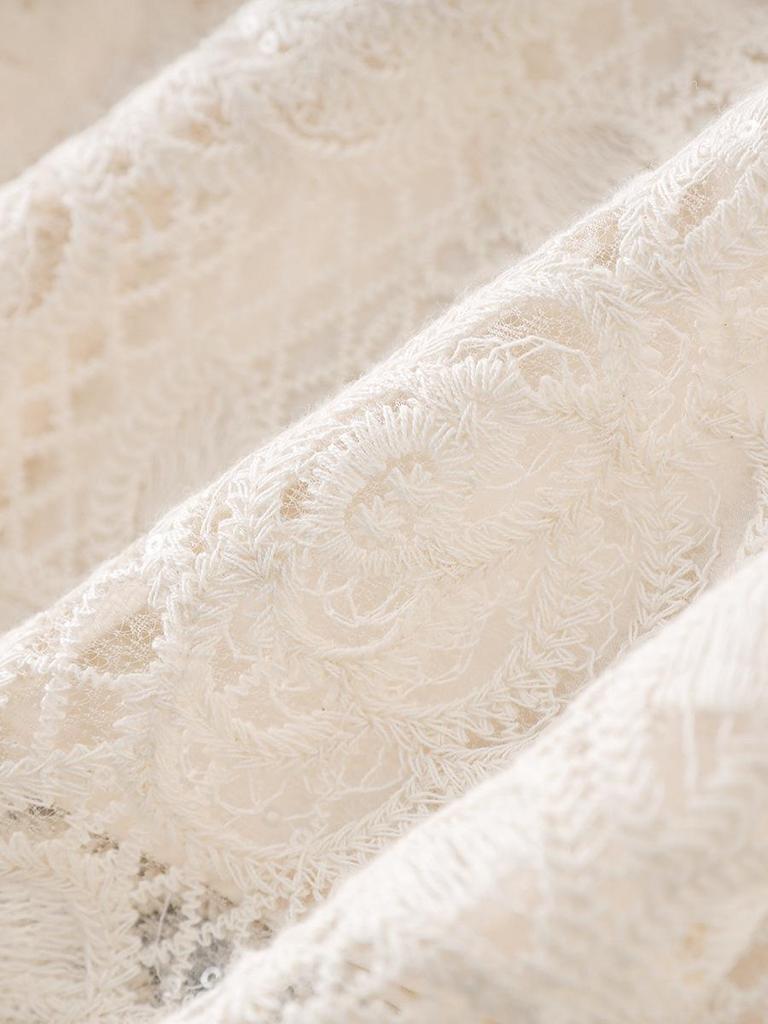 French Sequin Embroidered Lace Dress, Round Neck, Elegant Waist-Gathering, Summer Style for Women.
