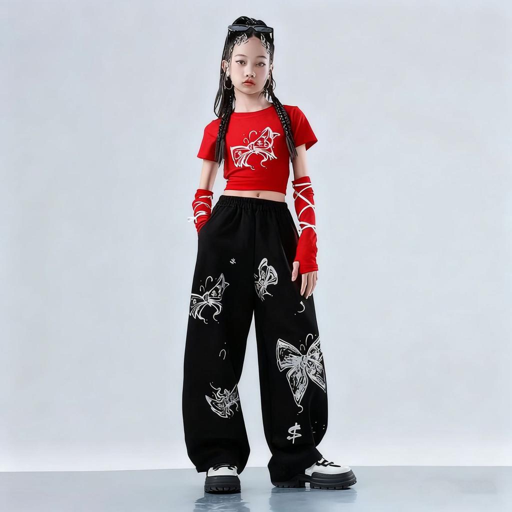 Summer Girls Jazz Dance Costume Trendy Crop Top Short Sleeve High Waist Pants Set For Stage Performance