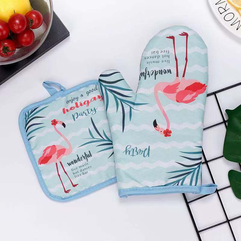 Kitchen Oven Gloves Flamingo Print, Heat Resistant Anti-scald Mitts for Baking Roasting Microwave Cooking