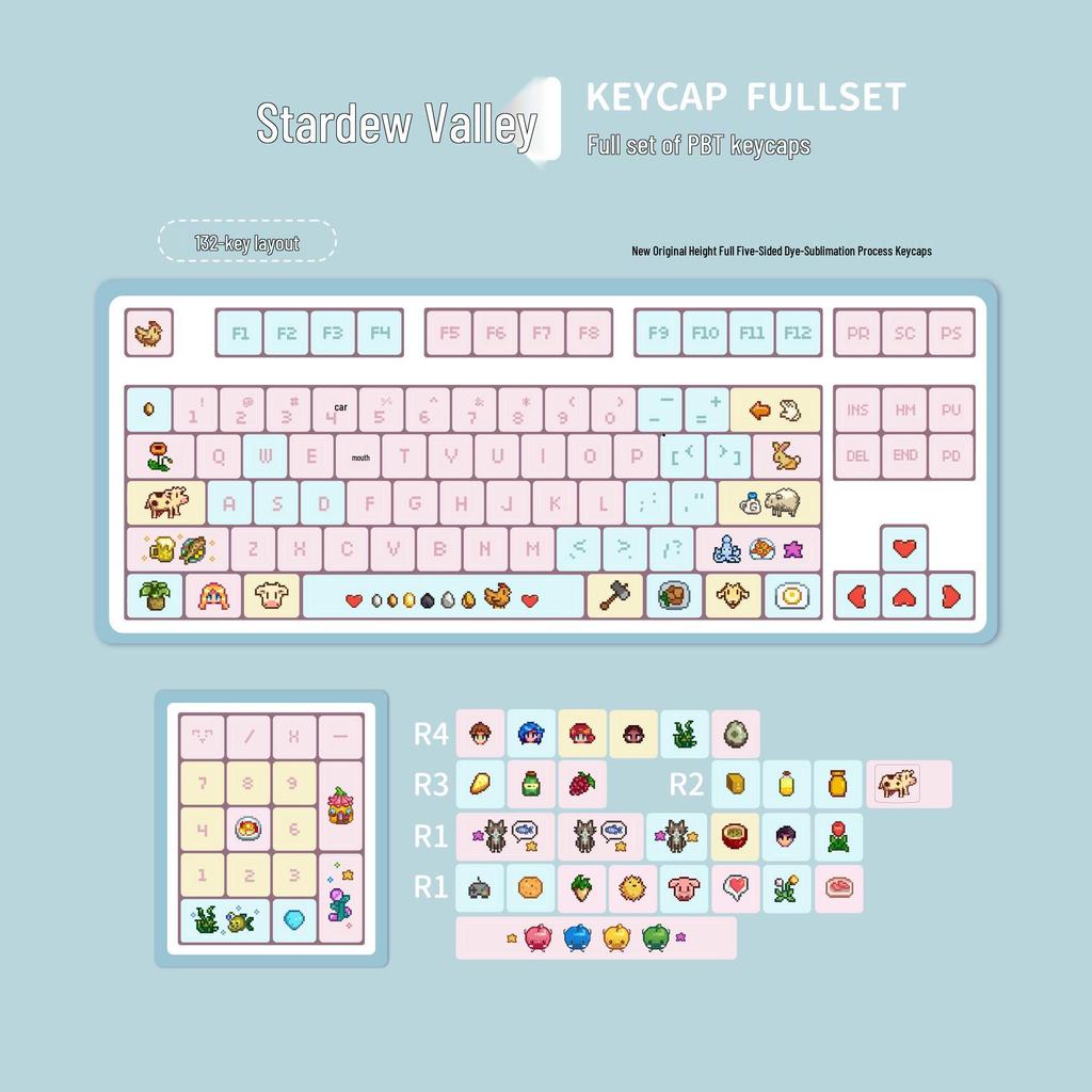 Stardew Valley Pixel Art Keycap Set: Five-Sided Dye-Sublimation PBT, Universal Fit, Durable & Waterproof for Mechanical Keyboards