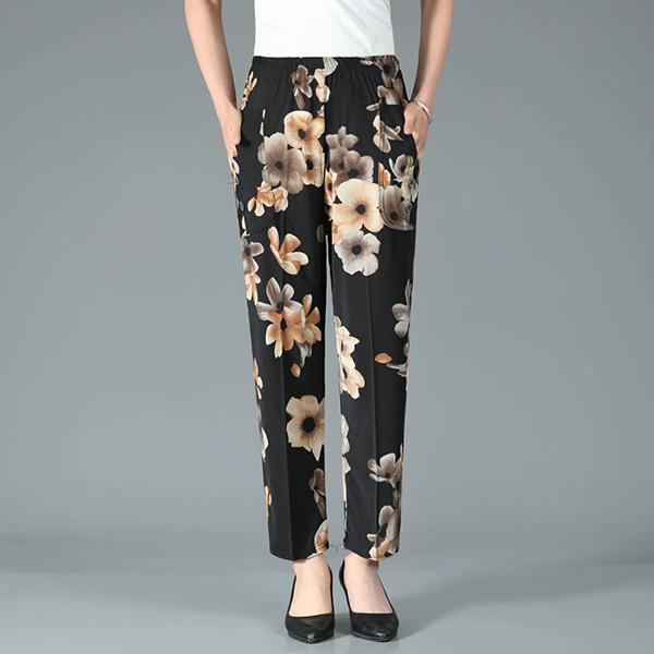 WTEMPO Spring Summer Floral Printed Ice Silk Wide Leg Pants Women's Elastic High Waist Thin Casual Loose Cropped Pants