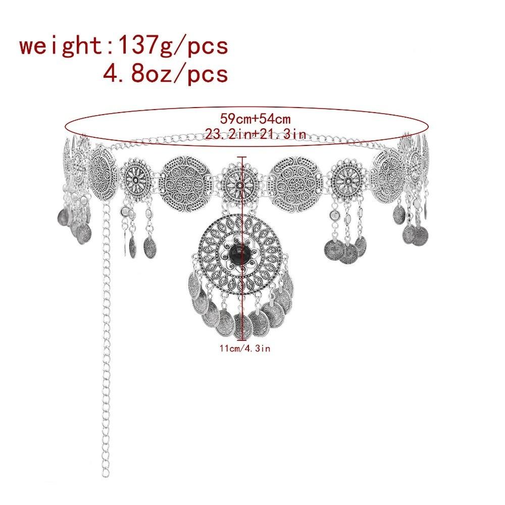 Fashion Vintage Coin Belt Golden Silvery Alloy Coins Fringed Belt Carved Flower Long Tassel Waist Chain Ethnic Style