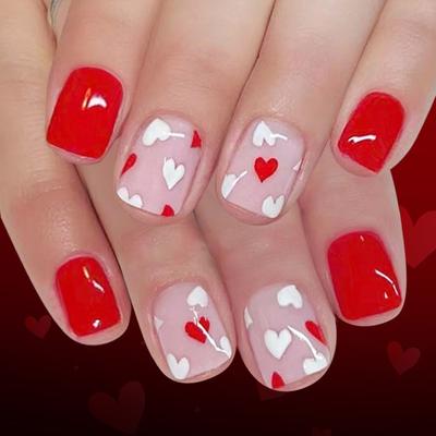 Unghia Artificiale Carina a Forma di Cuore 24pz Punte Quadrate Lucide Per Feste e Appuntamenti di San Valentino