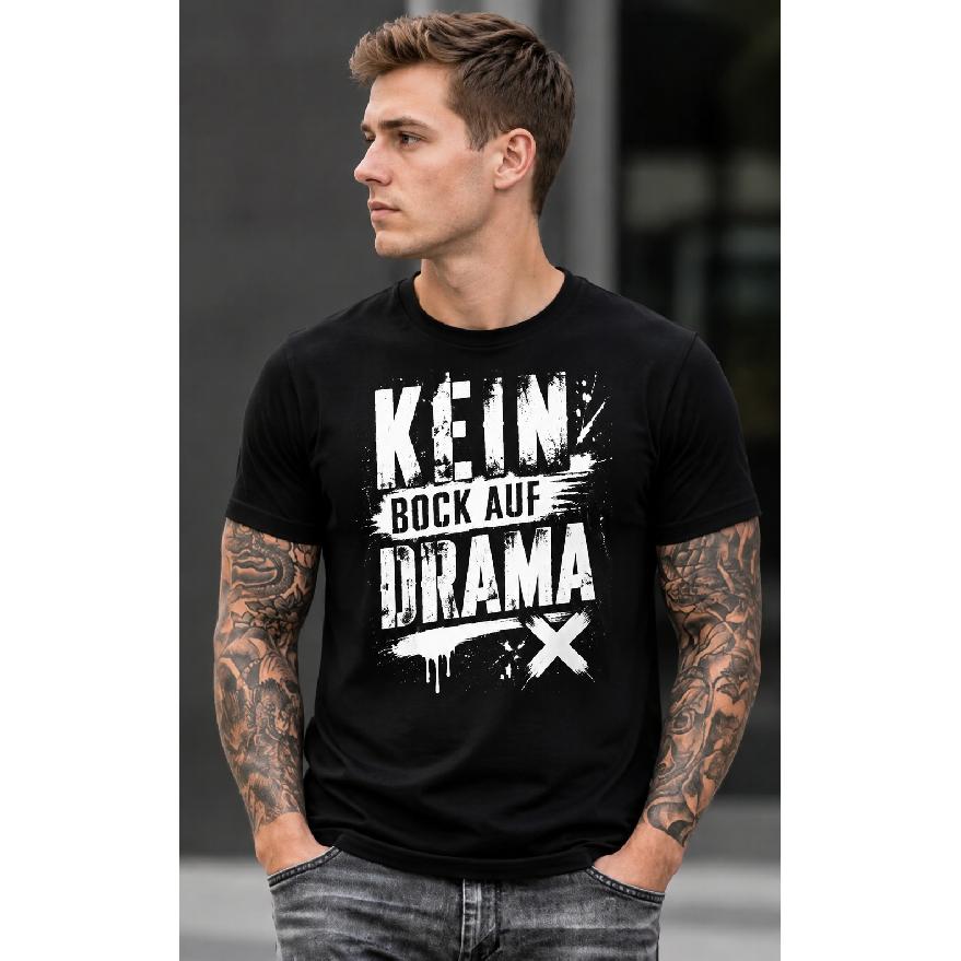Men s black short-sleeve crew neck t-shirt with bold white German graphic print KEIN BOCK AUF DRAMA – casual streetwear for everyday wear, S чёрный