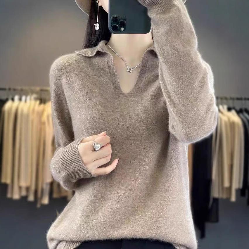 Autumn and Winter POLO Small V-neck Long-sleeved Loose Knitted Base Layer Sweater for Women