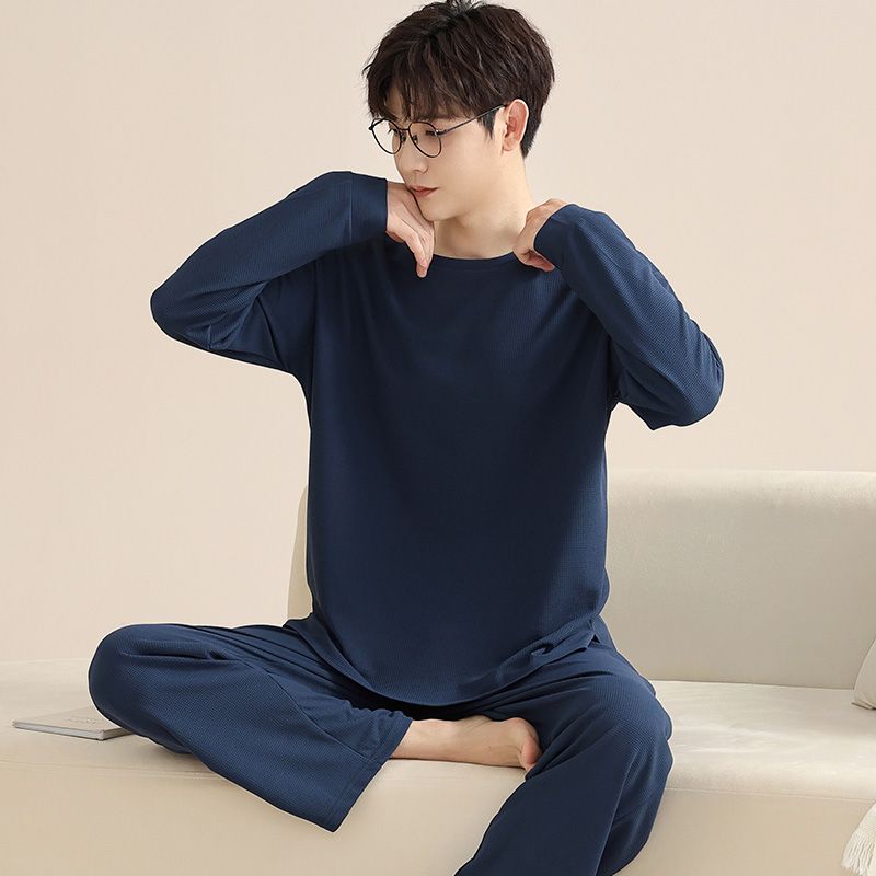 

Новая мужская пижама весна осень с длинными рукавами пижамы зимний хлопковый пуловер однотонный круглый вырез повседневный домашний костюм 4XL