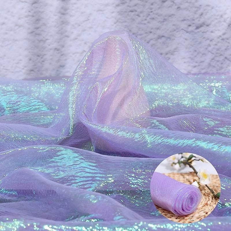 

100x140см Жатая Радужная Лазерная Пряжа Ткань Иллюзионный Цвет Декоративная Органза Жатая Текстура Дизайнерская Ткань Свадебный Декор 100x140xm