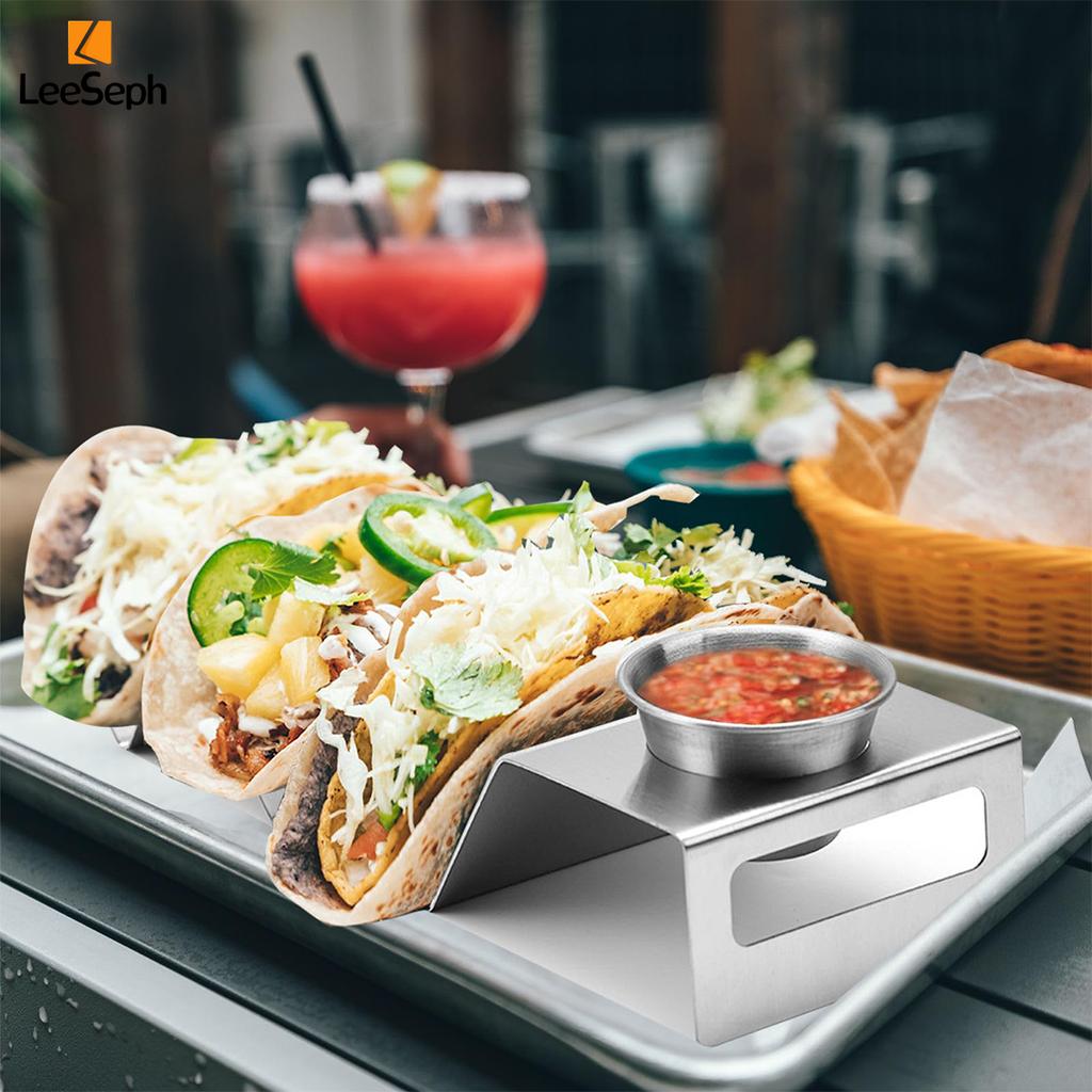 Leeseph Taco Holder Stand, Stainless Steel Taco Rack Tray with Condiment Cup, Taco Pancake Plate for Home Party Restaurant