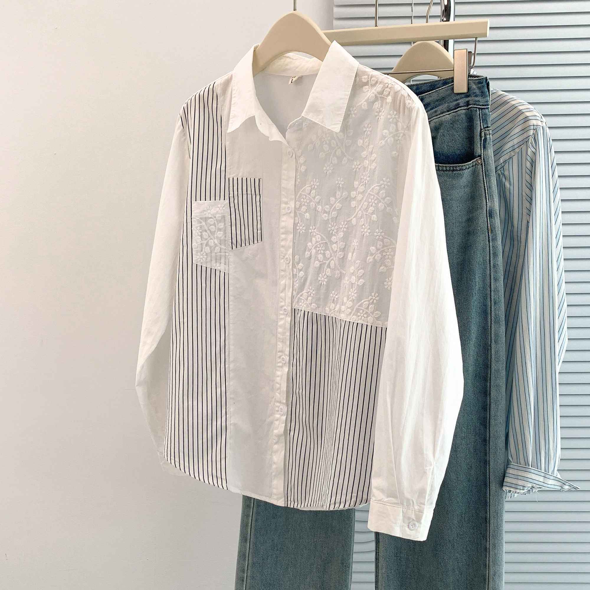 

Women s New Spliced POLO Collar Button Striped Fashion Loose Versatile Casual Long-sleeved Shirts L білий