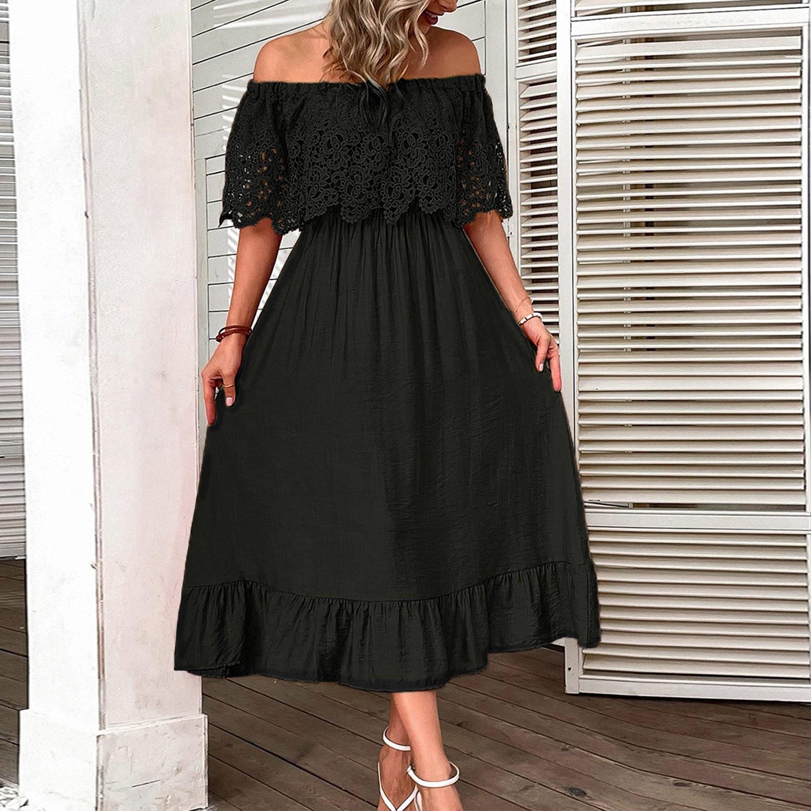 

Женские длинные платья с открытыми плечами, кружевными рукавами, макси-оборками, подолом А-силуэта, летние платья для отдыха, сарафаны L