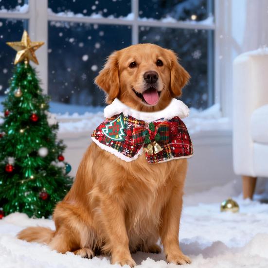 Pet Scarf Vánoční kostka Mašle Zvonečky Dekor Plyšová podšívka Šněrovací Kočka Pes Obojek Sváteční Zvířecí Doplněk