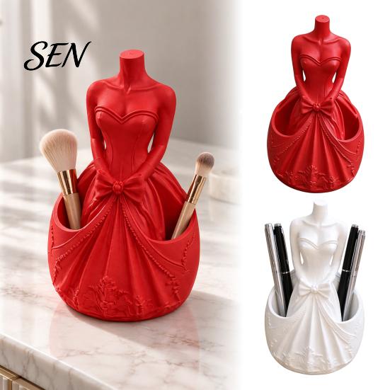 Decorative Dress Shaped Pen Stand 3D Printed Wedding Holder, Stationery Organizer with Dual Storage Artistic Table Decoration Slots for Pens