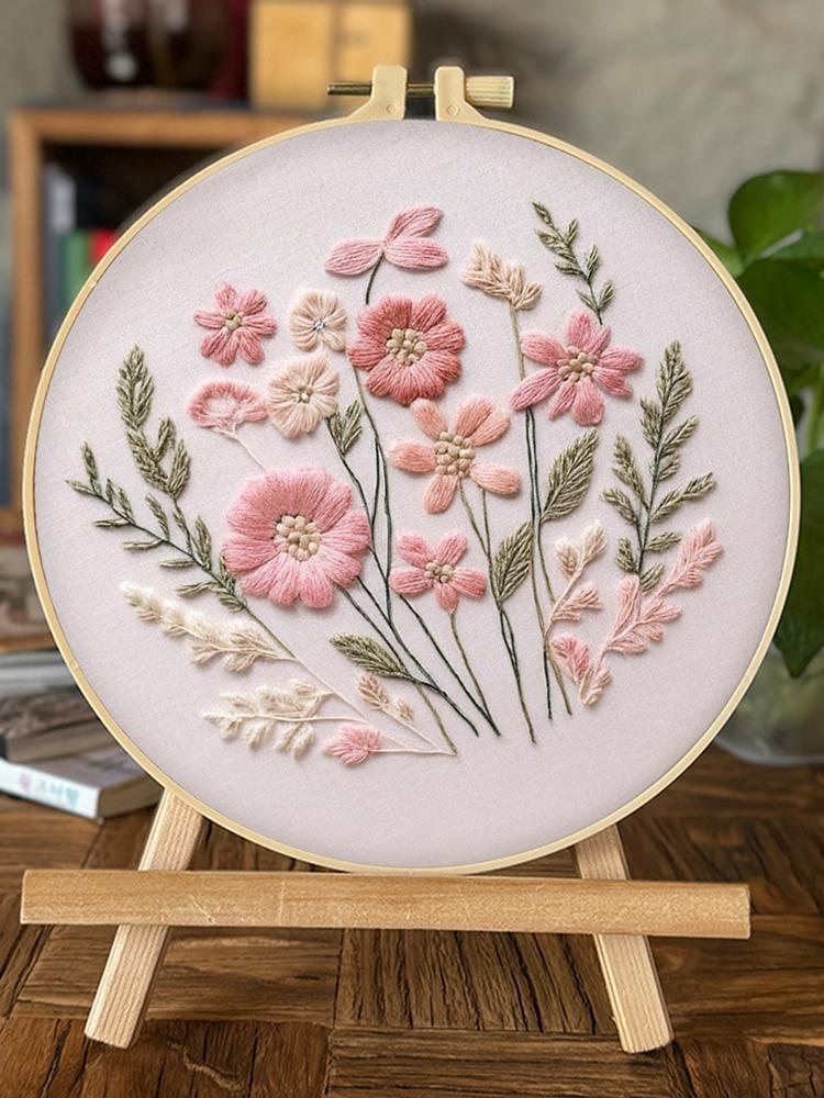 3er Pack Blumenpflanze DIY Stickstich-Übungsset mit Stickrahmen 30x30cm für Anfänger Erwachsene Handwerksliebhaber Geschenk