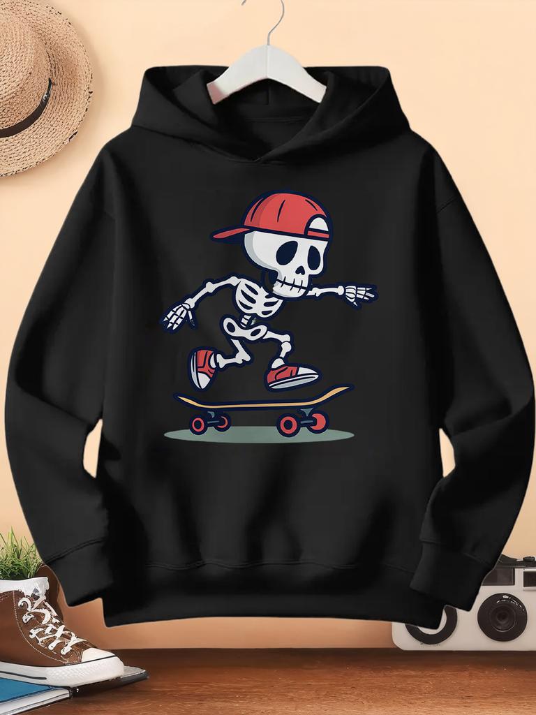 Children Hoodie Cartoon Skeleton Skateboarder Graphic Print Long Sleeve PulloverSweatshirtCasual Kids Sport Tops For Autumn Daily Outdoor Wear Fashion