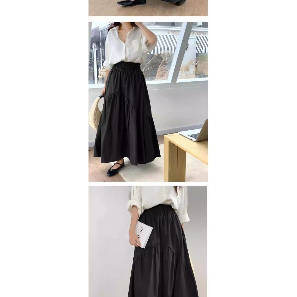 Damen Schick Einfach Plissiert Patchwork Elastischer Bund A-Linien Midilanger Rock