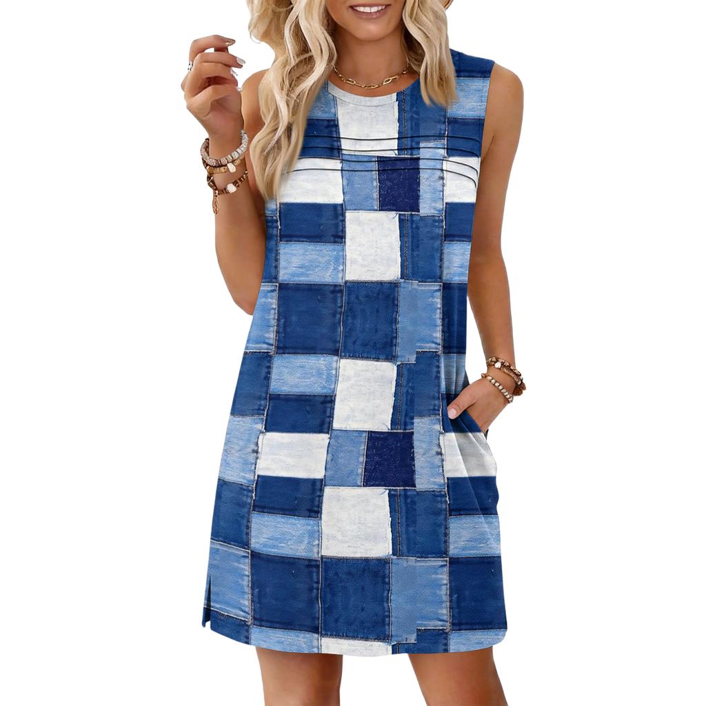 Women's Loose-Fit Casual Printed Split-Hem Sleeveless A-Line Dress