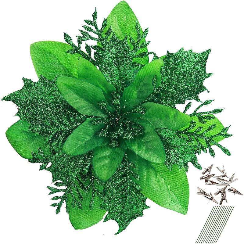 5/10 Stück Glitzer 14 cm künstliche Blumen mit Clips Stielen Weihnachtsdekoration Weihnachtsbaumschmuck Frohes Neues Jahr Navidad 2025 Deko