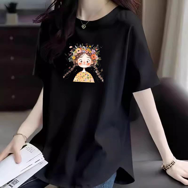 2025 Summer Women's Loose Fit Cartoon Cotton T-Shirt with Hip-Covering Mid-Length Design