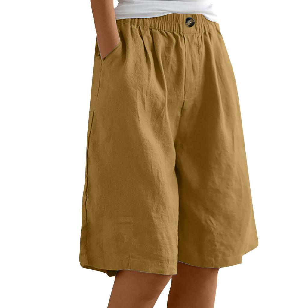 Women's High Waist Elastic Waistband Linen Bermuda Shorts Casual Loose Wide Leg Shorts With Side Pockets For Summer