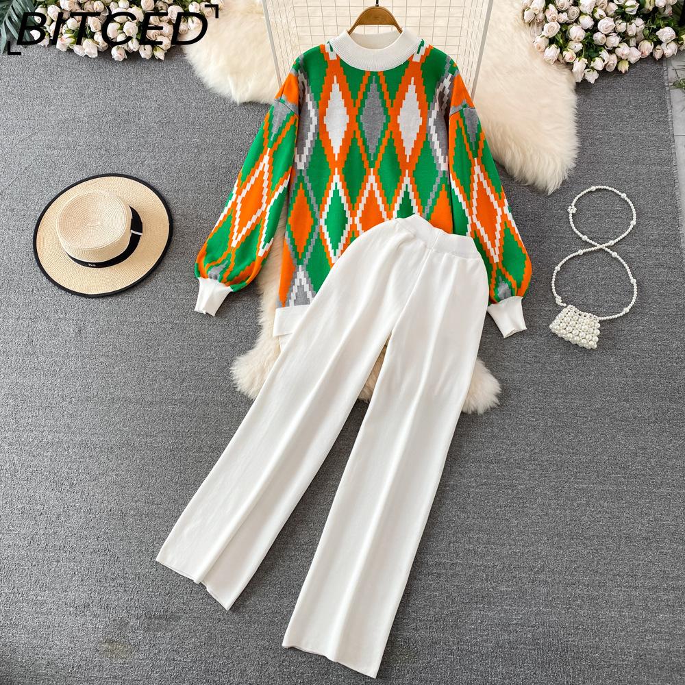 

BITCED Модный комплект женский осенне-зимний свободный клетчатый свитер с длинными рукавами комплект из двух предметов трикотажные прямые широкие брюки с высокой талией One size белый