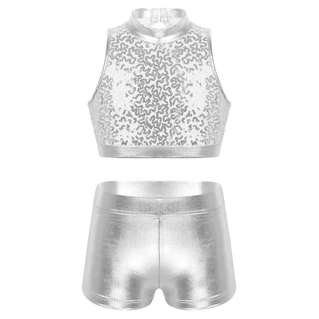 Kids Girls Two-Piece Dance Set Sequined Sleeveless Crop Top Metallic Bottoms Performance Outfit