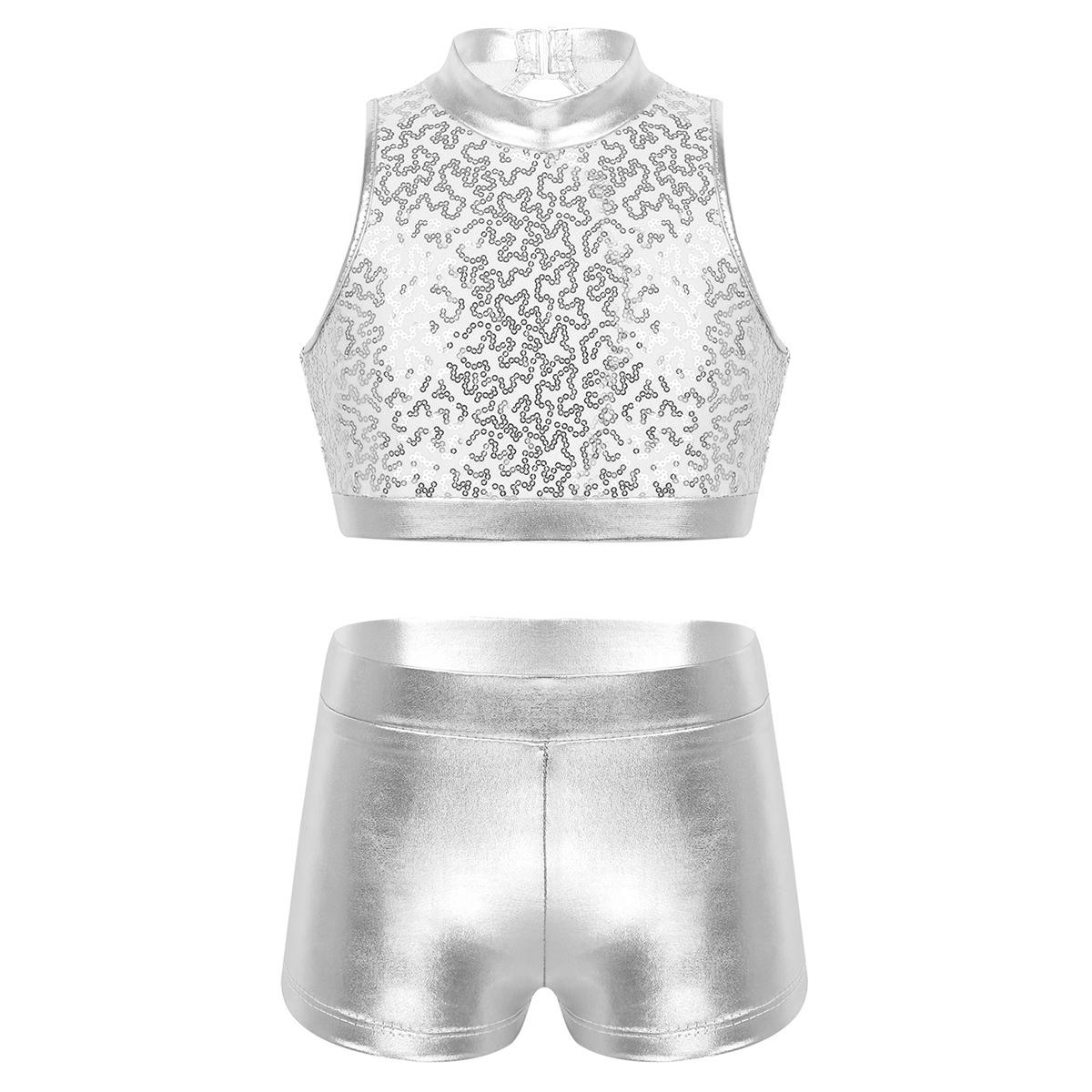

Дитячий Дівчачий Комплект для Танців з Двох Частин Блискучий Топ без Рукавів Кроп Металізовані Шорти Костюм для Виступу 7-8 Years срібний