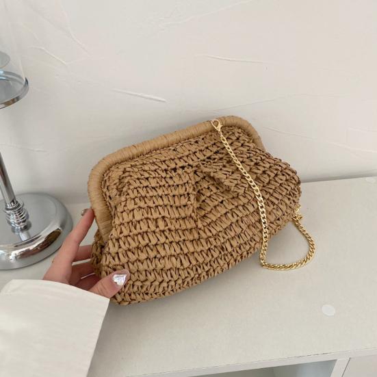 Women Shoulder Bag Slim Metal Chain Straw Braided Solid Color Large Capacity Handbag Shell Shape