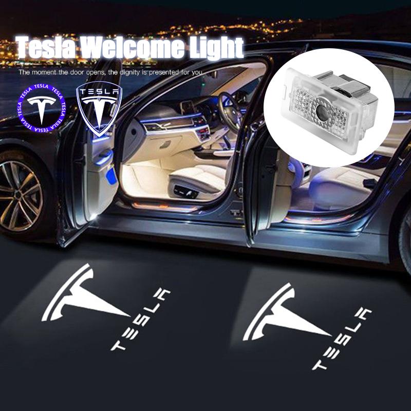 AMD1 2Pcs LED Car Welcome Lights Auto Emblem Door Projector Lamp For Tesla Model 3 Model Y Model X Model S Cybertruck Roadster SpaceX