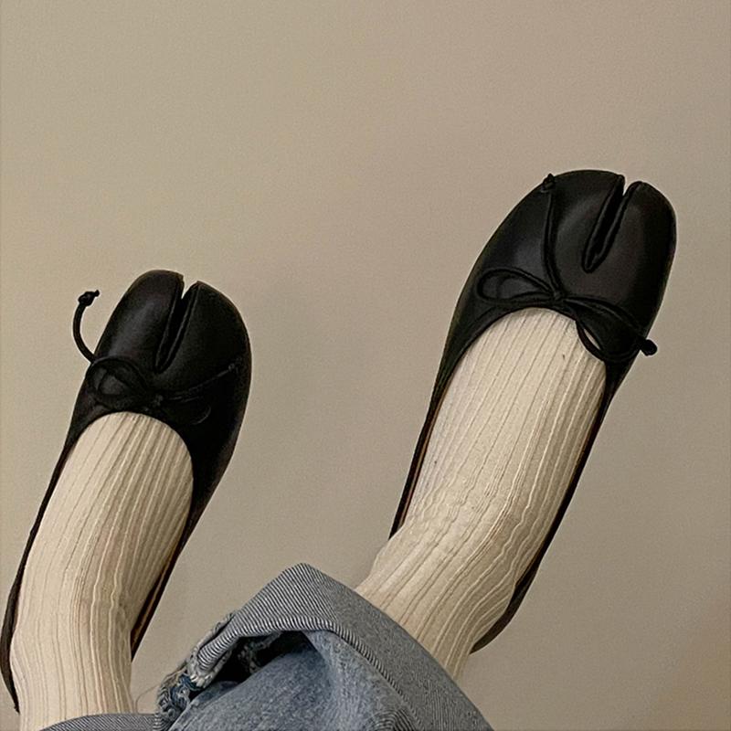 Mode IPPEUM Ballerinas Damen Zehentrenner Schuhe Übergröße 44 Schwarzes Leder Mary Janes Schmetterlingsknoten Ballerinas Zapatos mujer