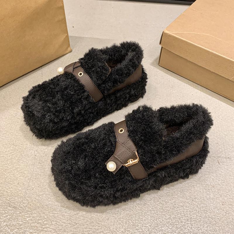 Dicksohlige flauschige Schuhe für Damen zum Ausgehen 2025 Herbst und Winter neue Zehentrenner mit Samt zum Warmhalten INS Zuhause Baumwollpantoffeln