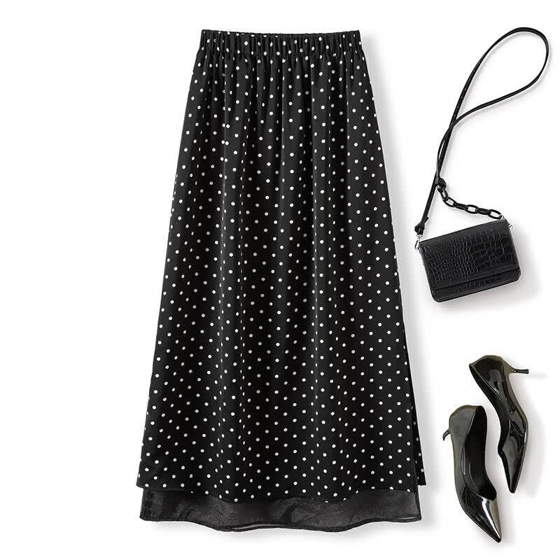 French Style Polka Dot High-Waist Slit Midi Skirt